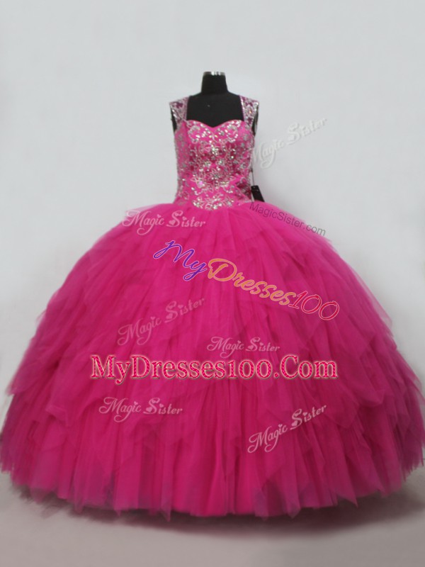 Stylish Tulle Straps Sleeveless Lace Up Beading and Ruffles Quinceanera Gown in Hot Pink