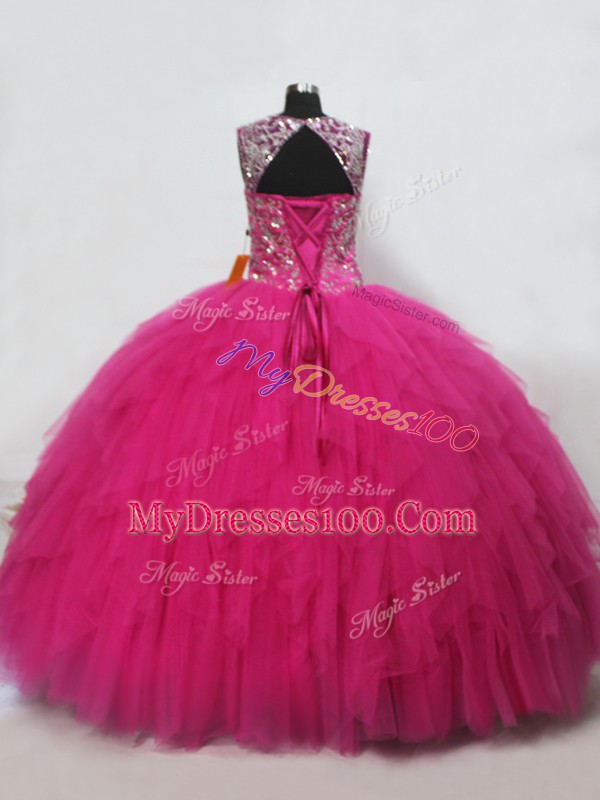 Stylish Tulle Straps Sleeveless Lace Up Beading and Ruffles Quinceanera Gown in Hot Pink