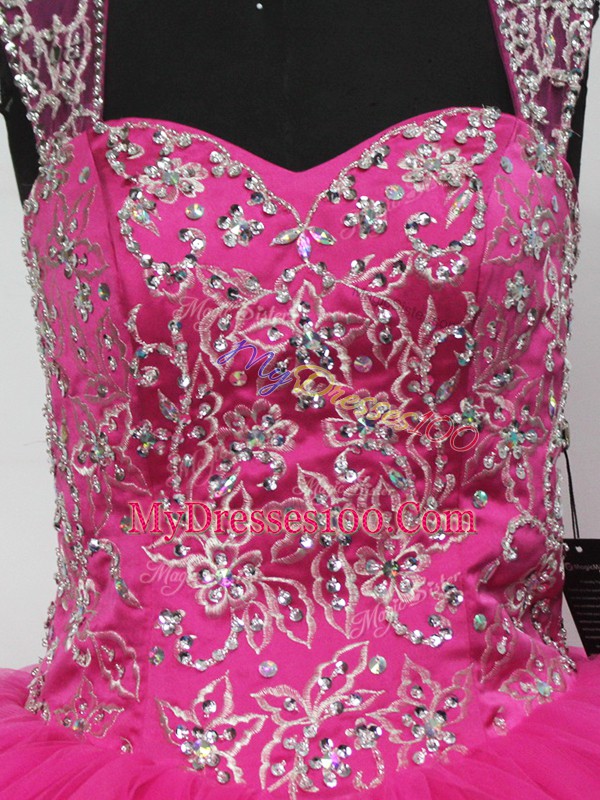 Stylish Tulle Straps Sleeveless Lace Up Beading and Ruffles Quinceanera Gown in Hot Pink