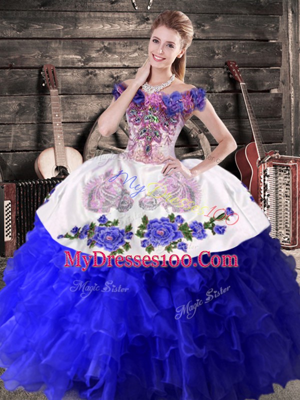 Custom Design Royal Blue Ball Gowns Organza Off The Shoulder Sleeveless Embroidery and Ruffles Floor Length Lace Up Sweet 16 Dress