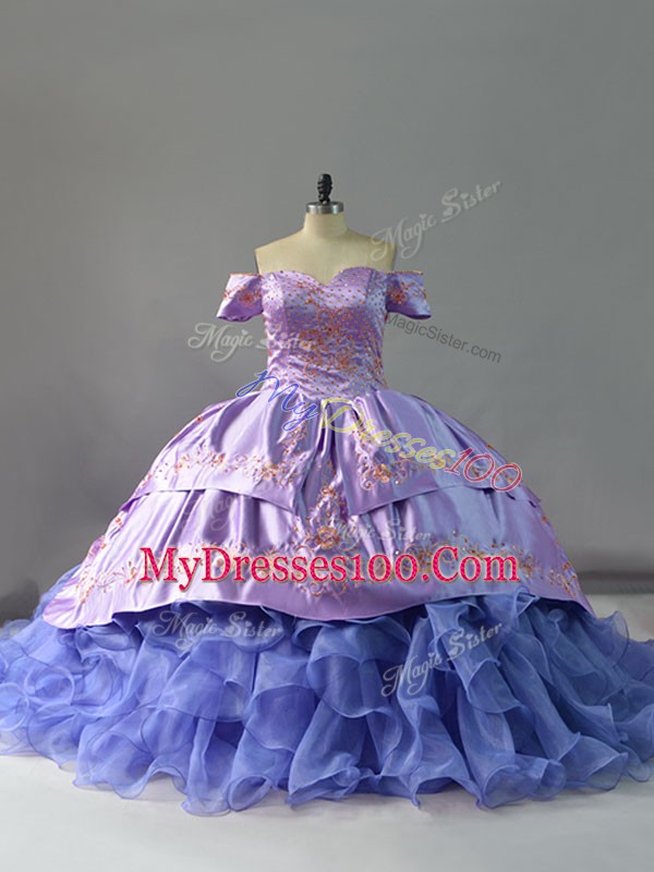 Lavender Sleeveless Organza Chapel Train Lace Up Sweet 16 Quinceanera Dress for Sweet 16 and Quinceanera