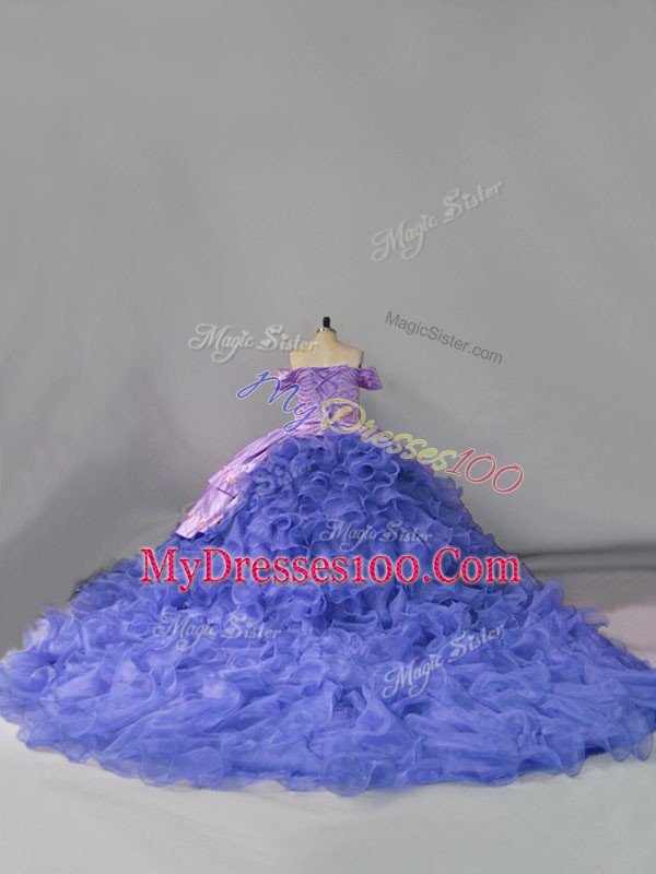 Lavender Sleeveless Organza Chapel Train Lace Up Sweet 16 Quinceanera Dress for Sweet 16 and Quinceanera