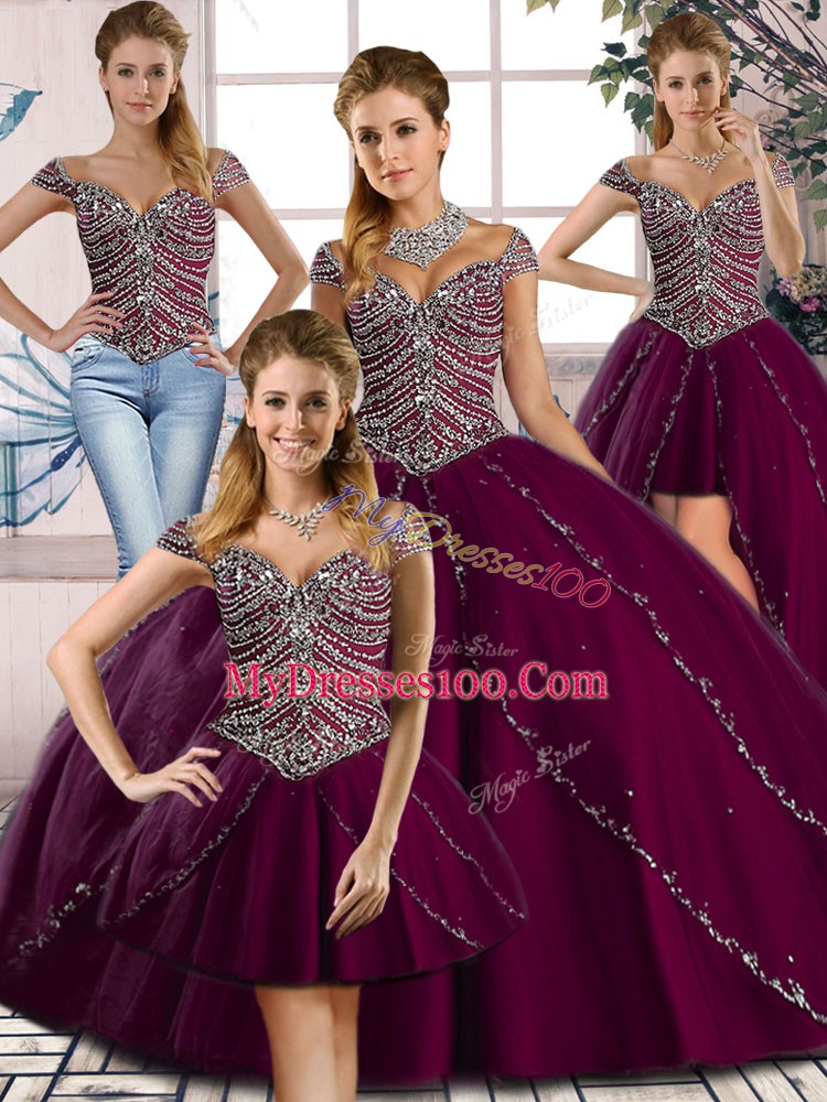 Purple Vestidos de Quinceanera Tulle Brush Train Cap Sleeves Beading