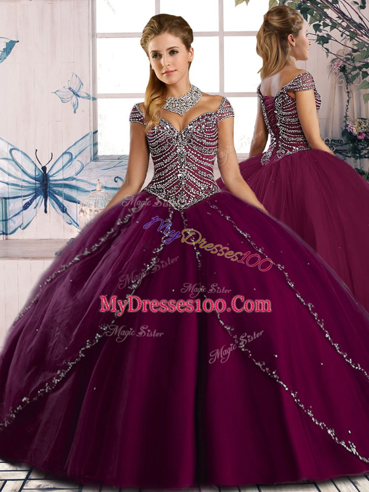 Purple Vestidos de Quinceanera Tulle Brush Train Cap Sleeves Beading