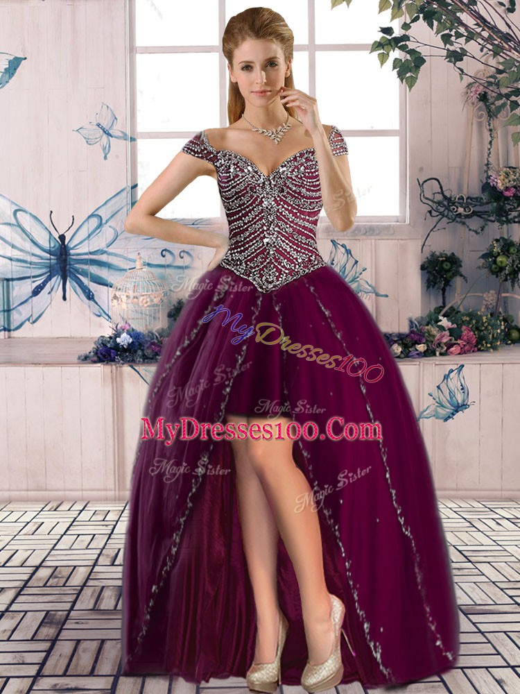 Purple Vestidos de Quinceanera Tulle Brush Train Cap Sleeves Beading