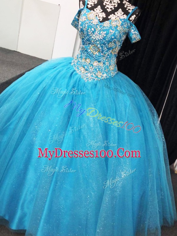 Suitable Baby Blue Sleeveless Beading Floor Length Quinceanera Gowns