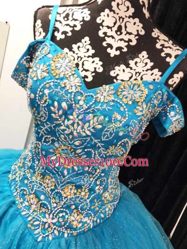 Suitable Baby Blue Sleeveless Beading Floor Length Quinceanera Gowns
