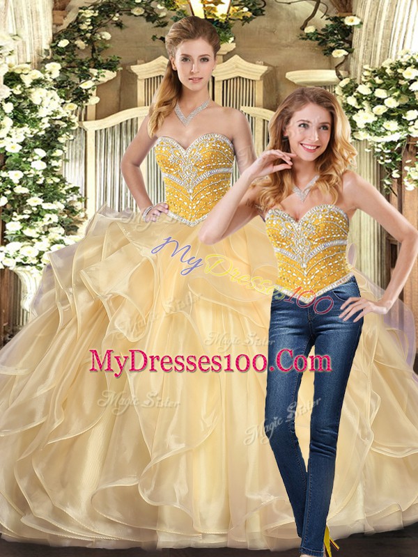Fabulous Floor Length Ball Gowns Sleeveless Champagne Quince Ball Gowns Lace Up