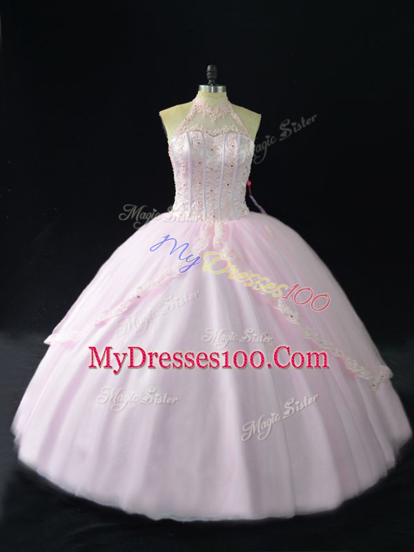 Elegant Pink Tulle Halter Top Sleeveless Sweet 16 Dress Beading and Appliques