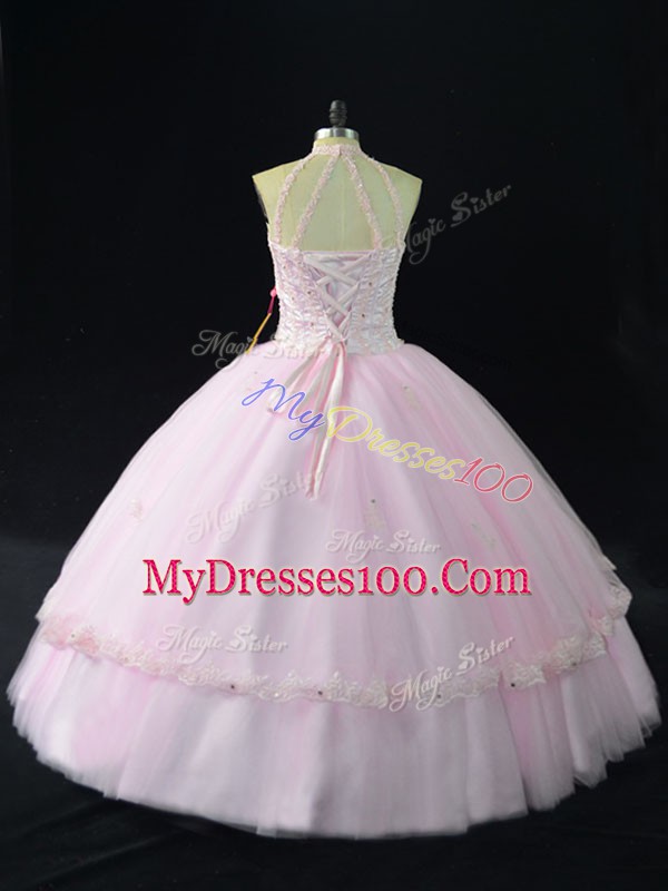 Elegant Pink Tulle Halter Top Sleeveless Sweet 16 Dress Beading and Appliques