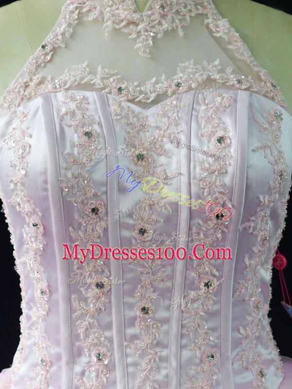 Elegant Pink Tulle Halter Top Sleeveless Sweet 16 Dress Beading and Appliques