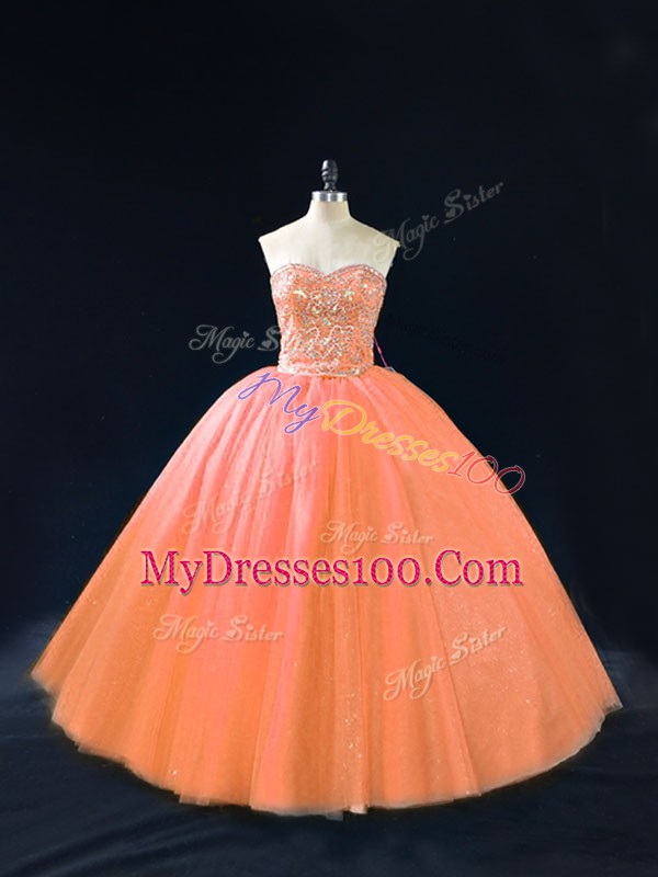 Dynamic Sweetheart Sleeveless Lace Up Quinceanera Gowns Peach Tulle