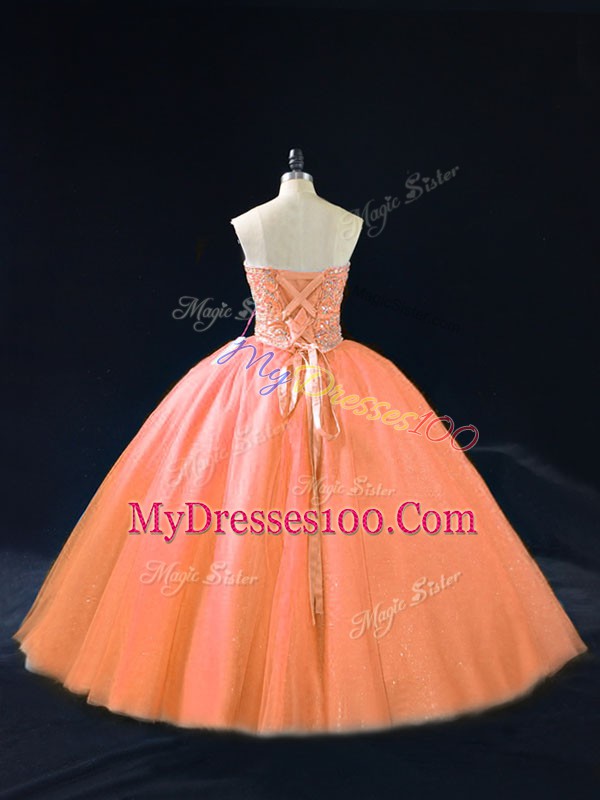 Dynamic Sweetheart Sleeveless Lace Up Quinceanera Gowns Peach Tulle