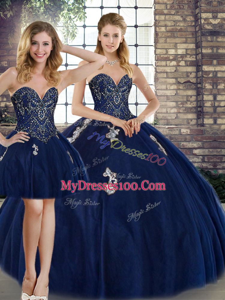 Spectacular Navy Blue Lace Up Quinceanera Dresses Beading and Appliques Sleeveless Floor Length