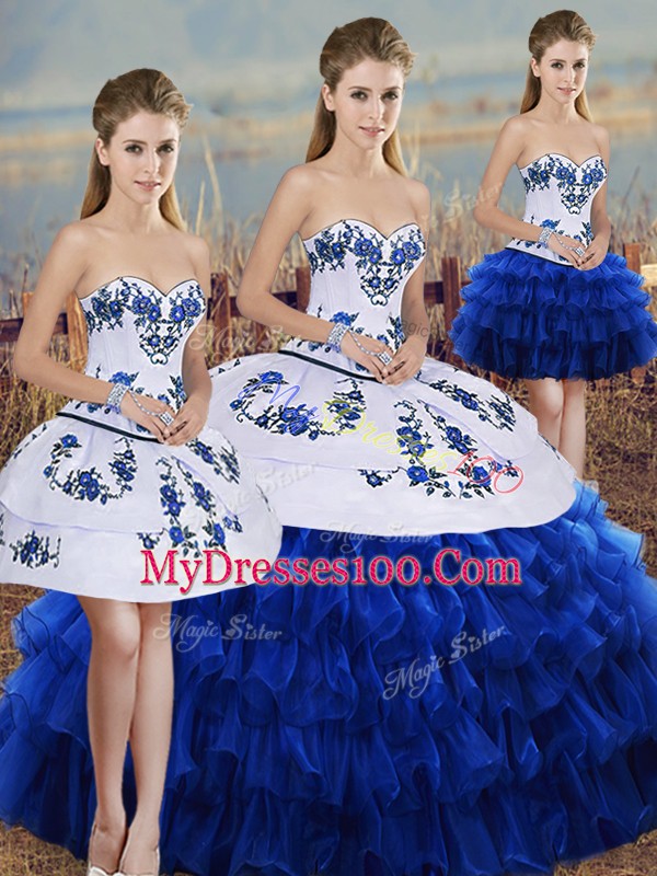 Floor Length Lace Up Sweet 16 Dresses Royal Blue for Military Ball and Sweet 16 and Quinceanera with Embroidery and Ruffled Layers and Bowknot