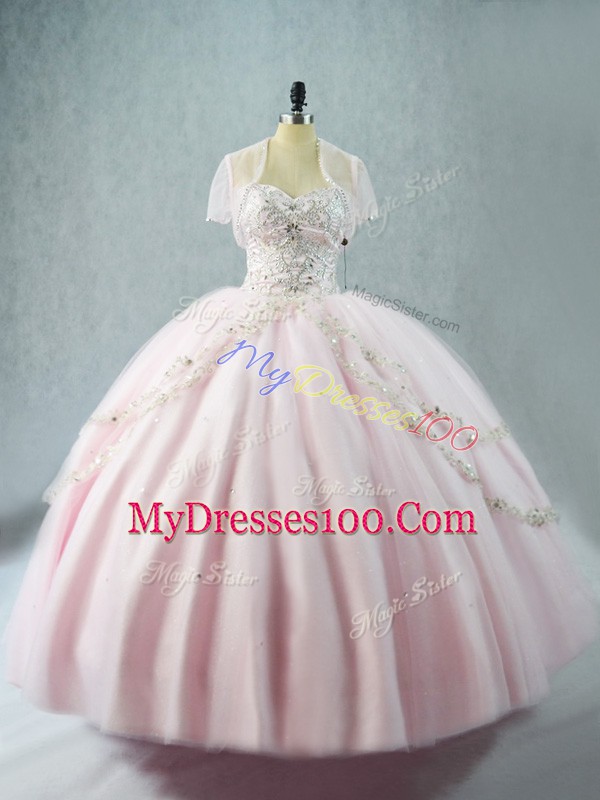 Designer Tulle Sweetheart Sleeveless Lace Up Beading Quinceanera Gowns in Pink