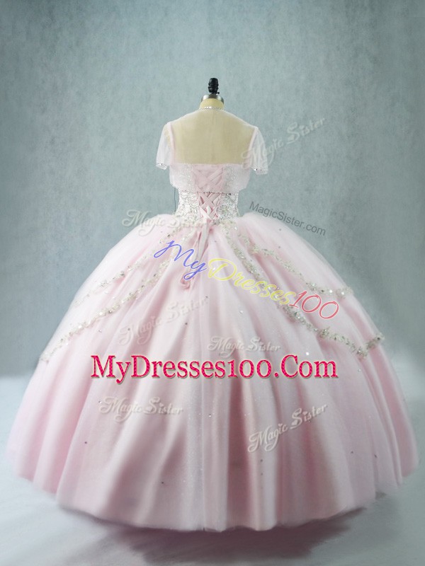 Designer Tulle Sweetheart Sleeveless Lace Up Beading Quinceanera Gowns in Pink
