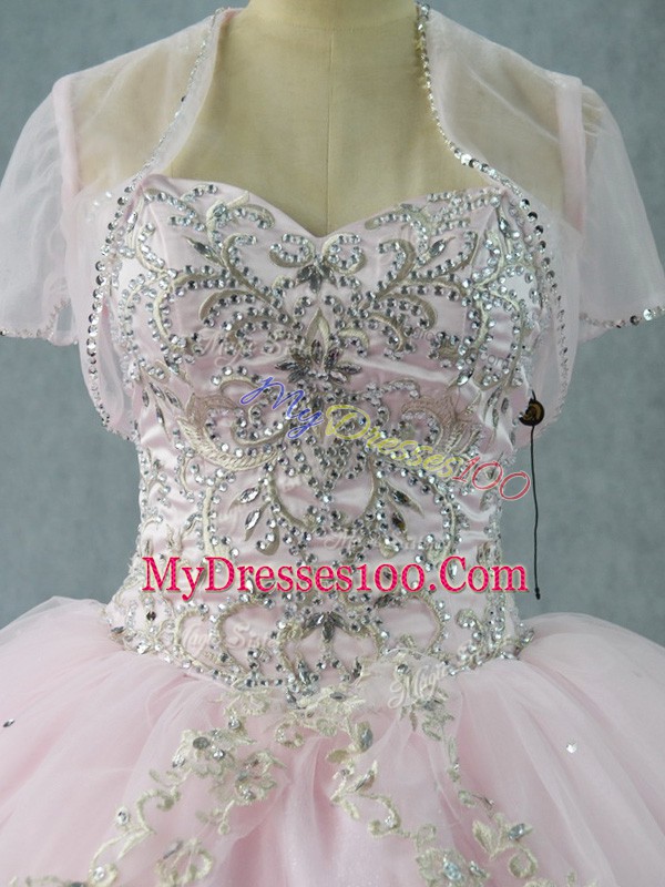 Designer Tulle Sweetheart Sleeveless Lace Up Beading Quinceanera Gowns in Pink