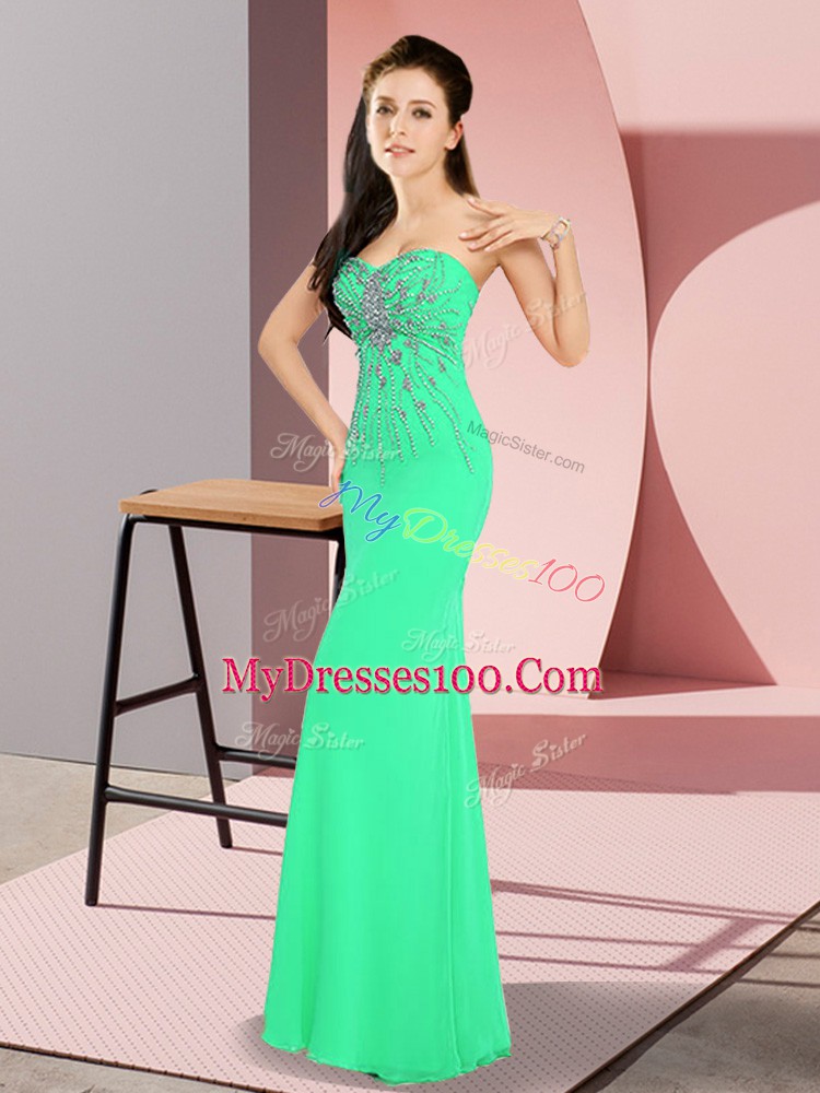 Hot Selling Floor Length Turquoise Prom Evening Gown Chiffon Sleeveless Beading