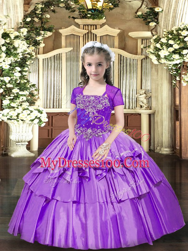 Lavender Sleeveless Beading and Ruffled Layers Floor Length Glitz Pageant Dress