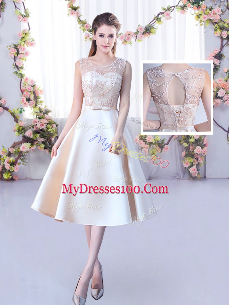 Stylish Champagne Sleeveless Tea Length Lace and Belt Lace Up Quinceanera Court of Honor Dress