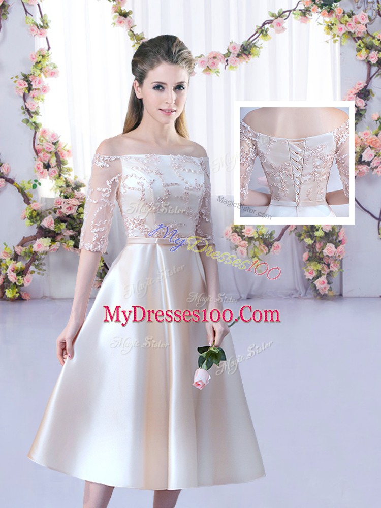 Stylish Champagne Sleeveless Tea Length Lace and Belt Lace Up Quinceanera Court of Honor Dress