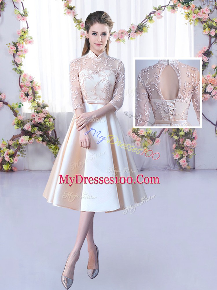 Stylish Champagne Sleeveless Tea Length Lace and Belt Lace Up Quinceanera Court of Honor Dress