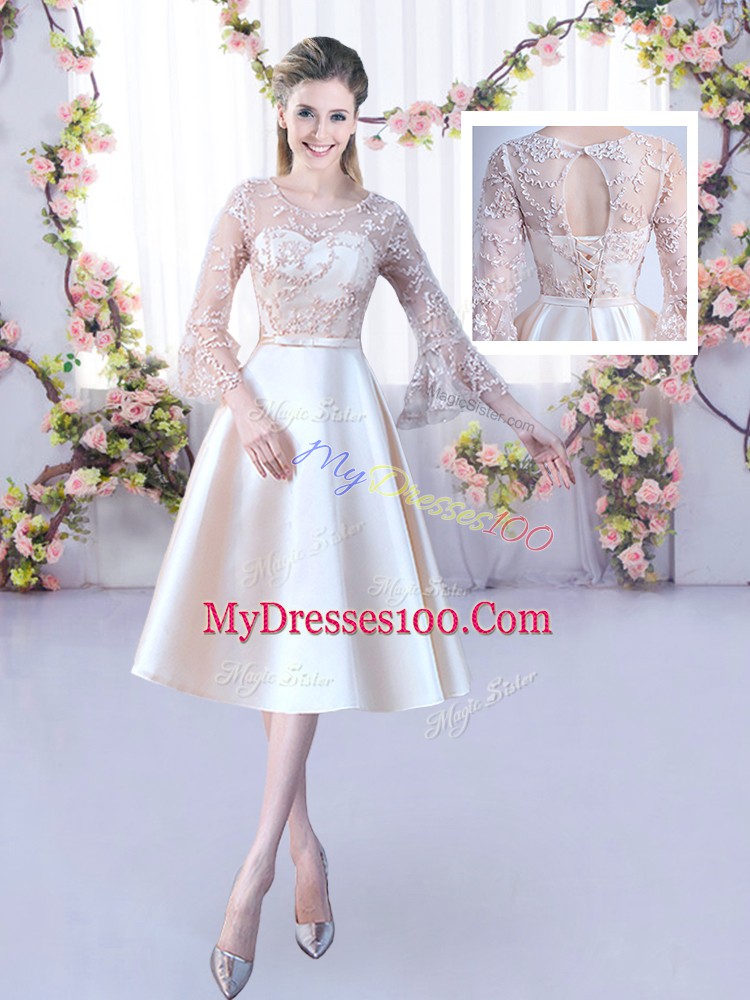 Stylish Champagne Sleeveless Tea Length Lace and Belt Lace Up Quinceanera Court of Honor Dress