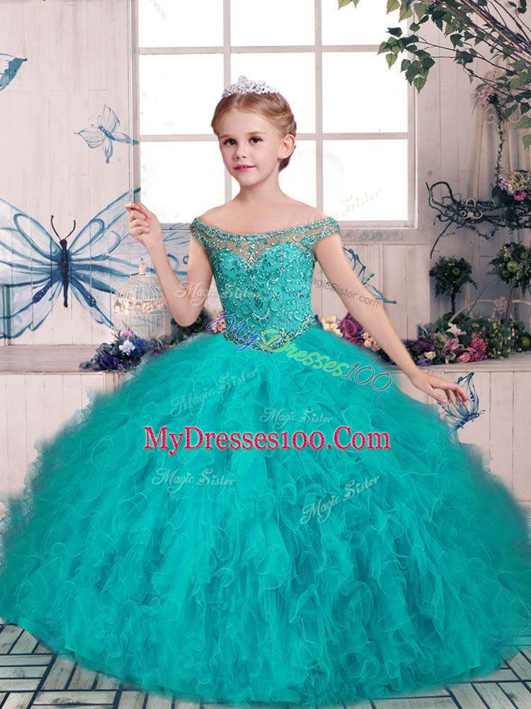 Customized Ball Gowns Girls Pageant Dresses Teal Off The Shoulder Tulle Sleeveless Floor Length Lace Up