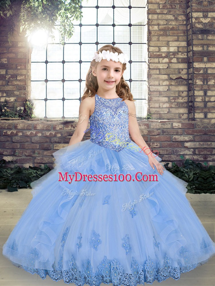 Admirable Lavender Tulle Lace Up Little Girls Pageant Gowns Sleeveless Floor Length Appliques