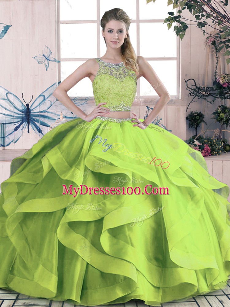 Dynamic Green Lace Up Scoop Beading and Lace and Ruffles Quinceanera Gowns Tulle Sleeveless