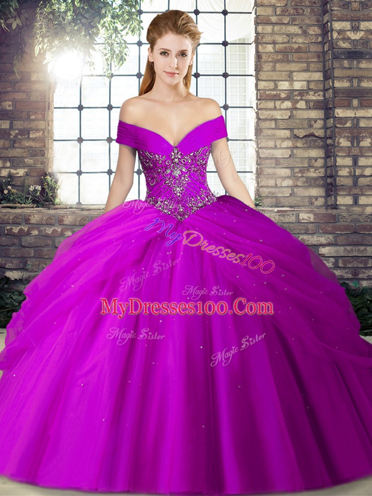 Purple Lace Up Off The Shoulder Beading and Pick Ups Quinceanera Dresses Tulle Sleeveless Brush Train