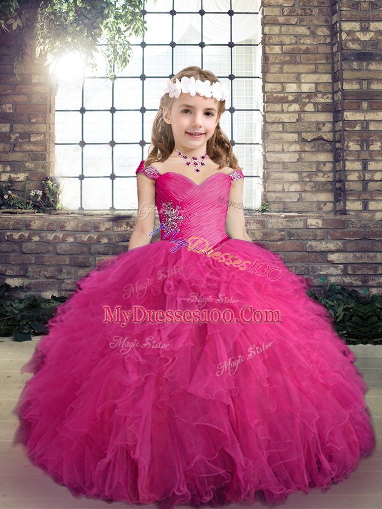 New Arrival Fuchsia Straps Neckline Beading and Ruffles Girls Pageant Dresses Sleeveless Lace Up