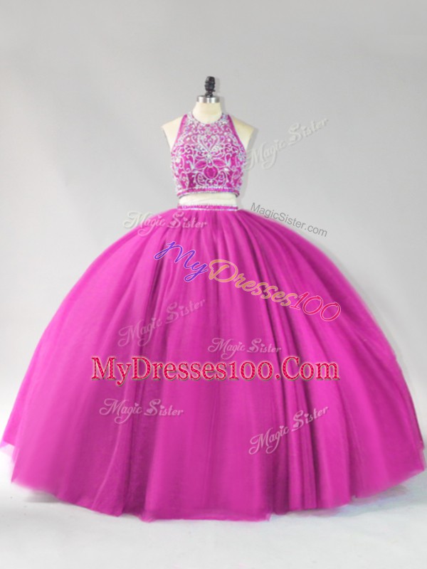 Fuchsia Ball Gowns Beading Quince Ball Gowns Backless Tulle Sleeveless Floor Length