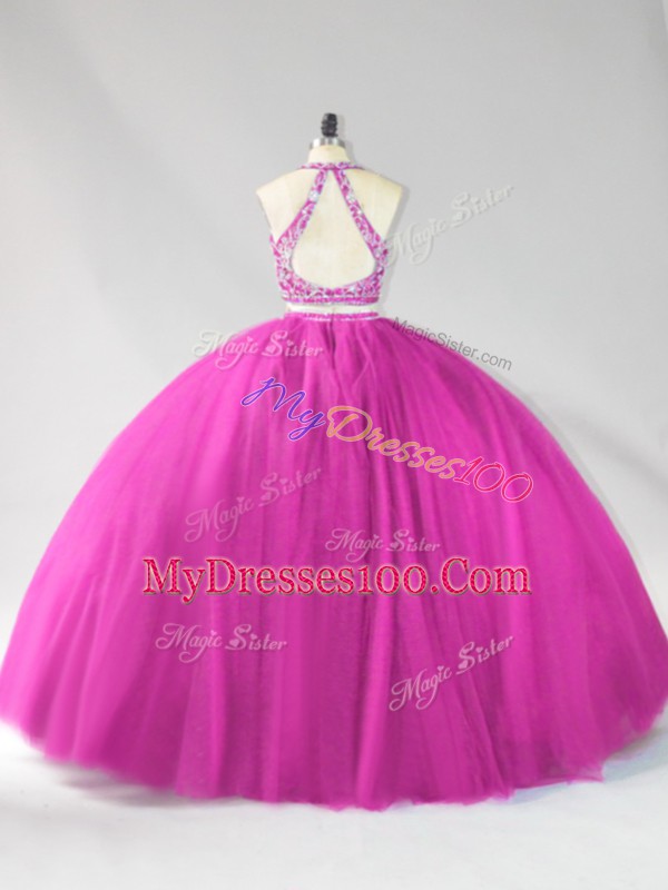 Fuchsia Ball Gowns Beading Quince Ball Gowns Backless Tulle Sleeveless Floor Length