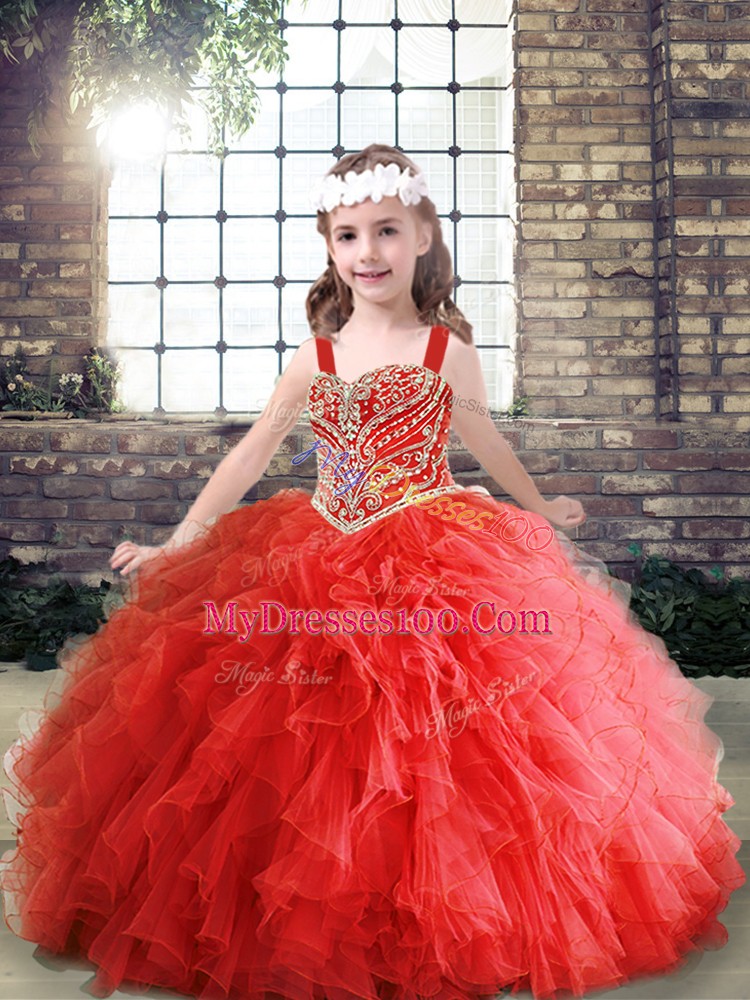 Beading and Ruffles Child Pageant Dress Red Lace Up Sleeveless Floor Length
