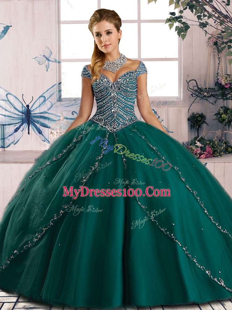 Vintage Sweetheart Cap Sleeves Tulle 15th Birthday Dress Beading Brush Train Lace Up