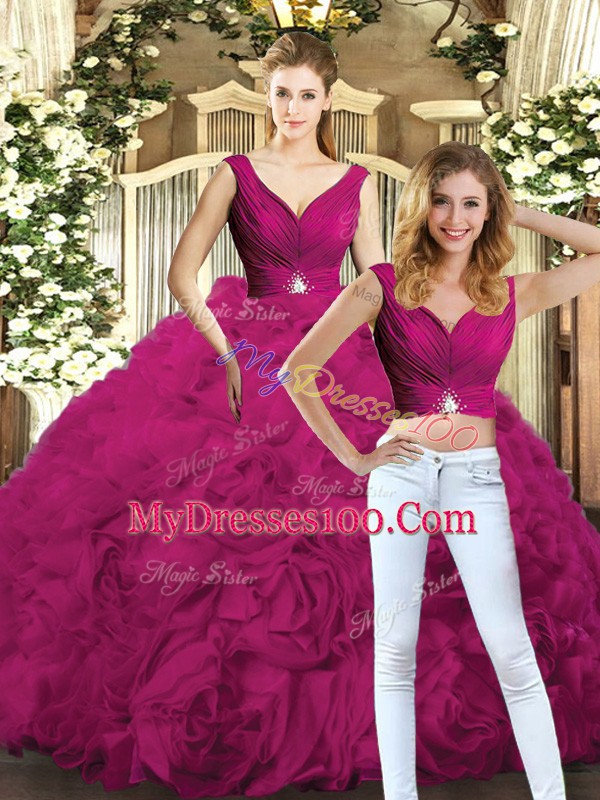 Fuchsia Fabric With Rolling Flowers Backless Sweet 16 Dresses Sleeveless Floor Length Beading
