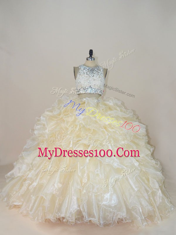 Champagne Quinceanera Gowns High-neck Sleeveless Brush Train Zipper