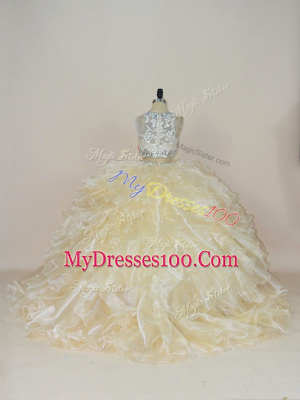 Champagne Quinceanera Gowns High-neck Sleeveless Brush Train Zipper