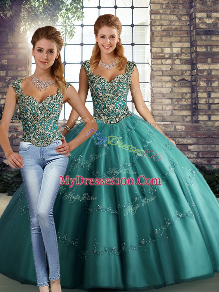 Teal Two Pieces Straps Sleeveless Tulle Floor Length Lace Up Beading and Appliques Quinceanera Gowns