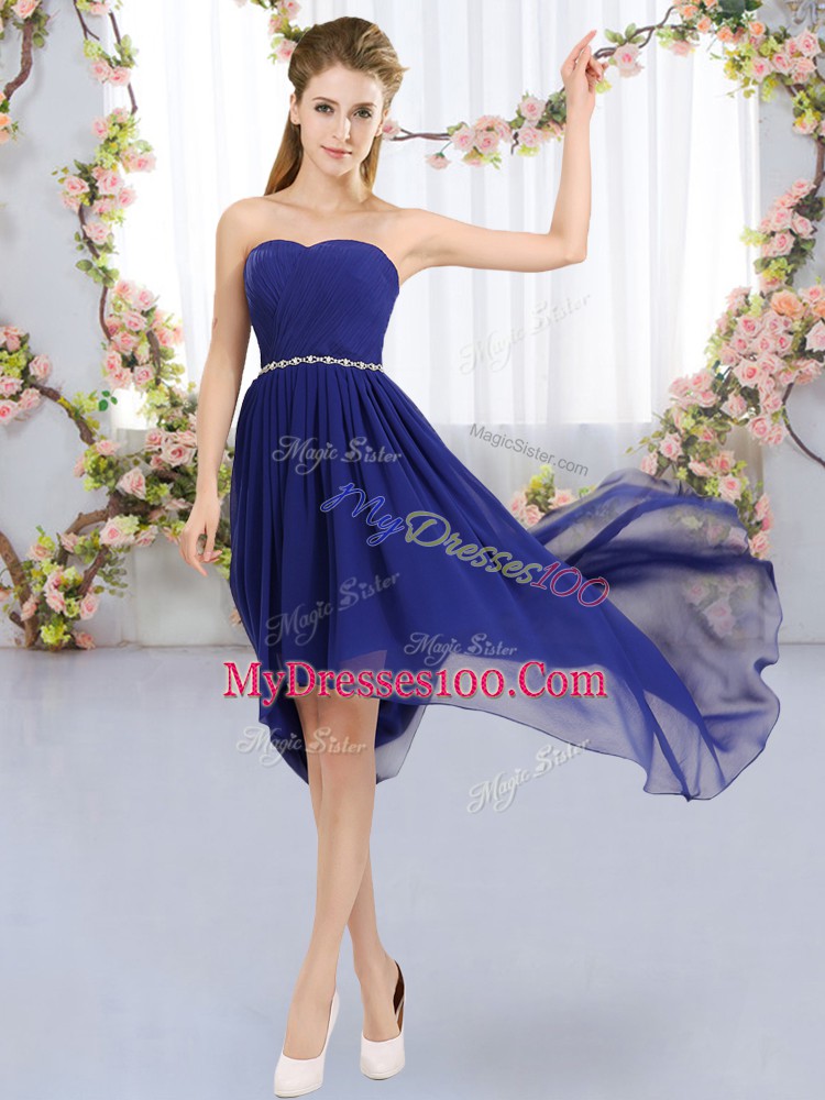 Affordable Royal Blue Empire Strapless Sleeveless Chiffon High Low Lace Up Beading Bridesmaid Dresses