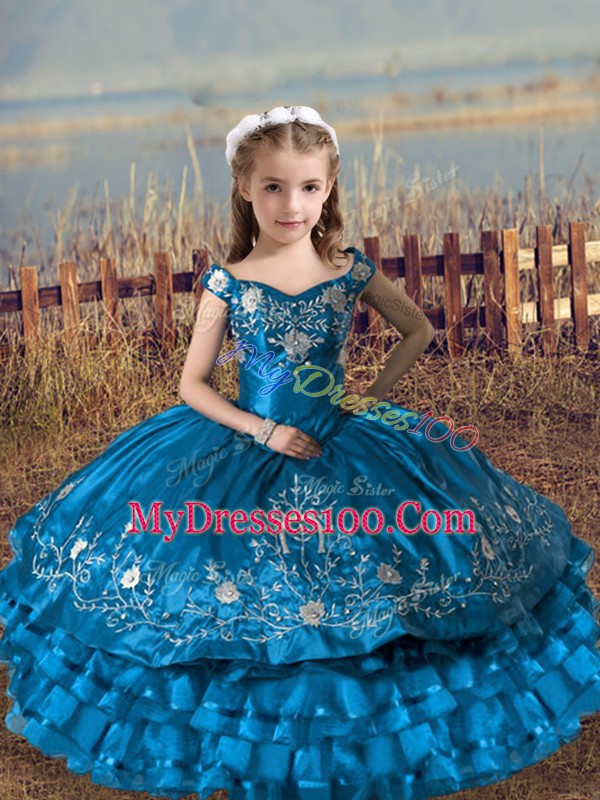 Custom Design Embroidery and Ruffled Layers Little Girl Pageant Dress Blue Lace Up Sleeveless Floor Length