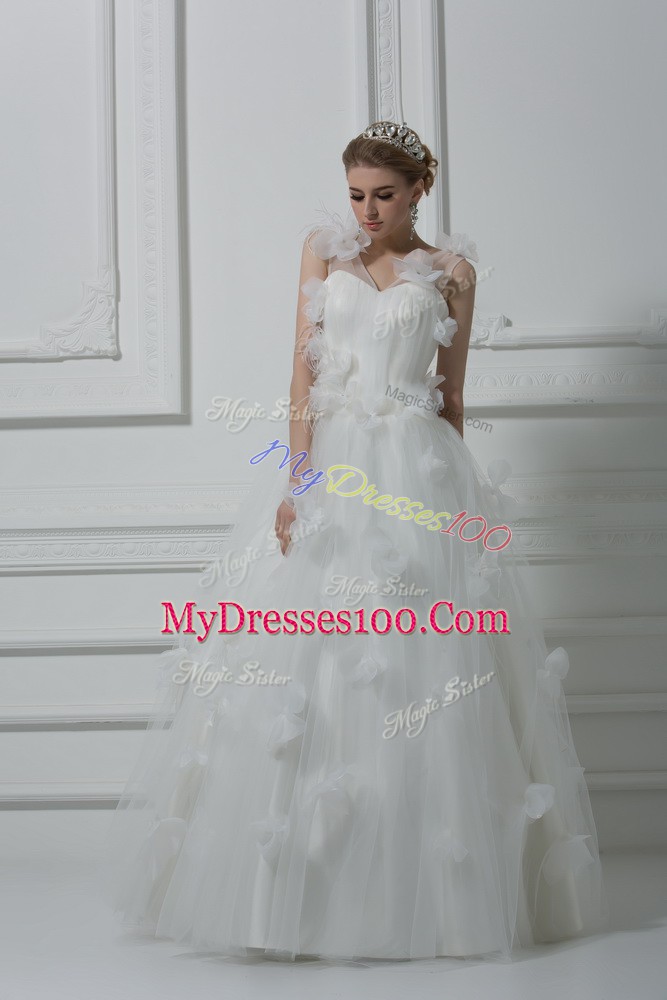 Floor Length White Wedding Dress Tulle Sleeveless Hand Made Flower