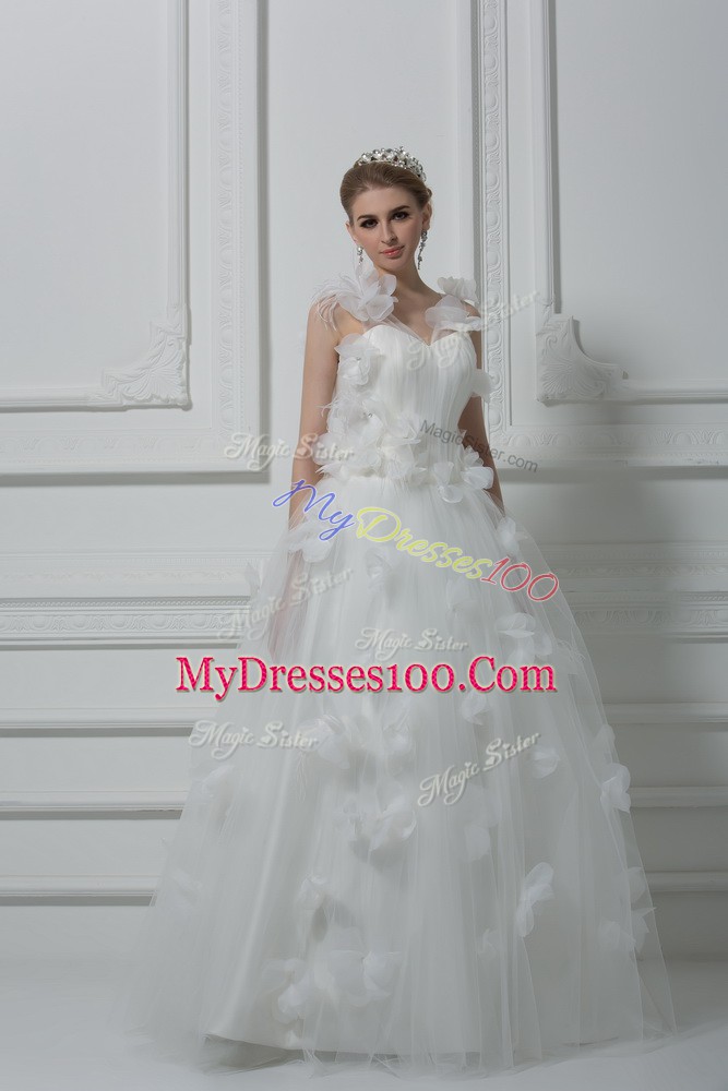 Floor Length White Wedding Dress Tulle Sleeveless Hand Made Flower