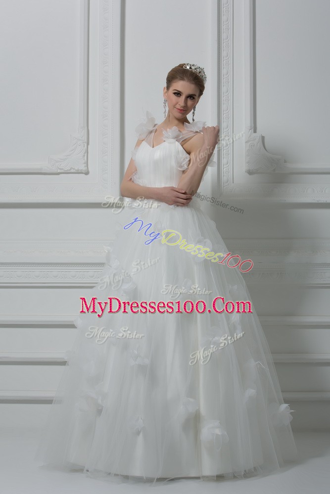 Floor Length White Wedding Dress Tulle Sleeveless Hand Made Flower