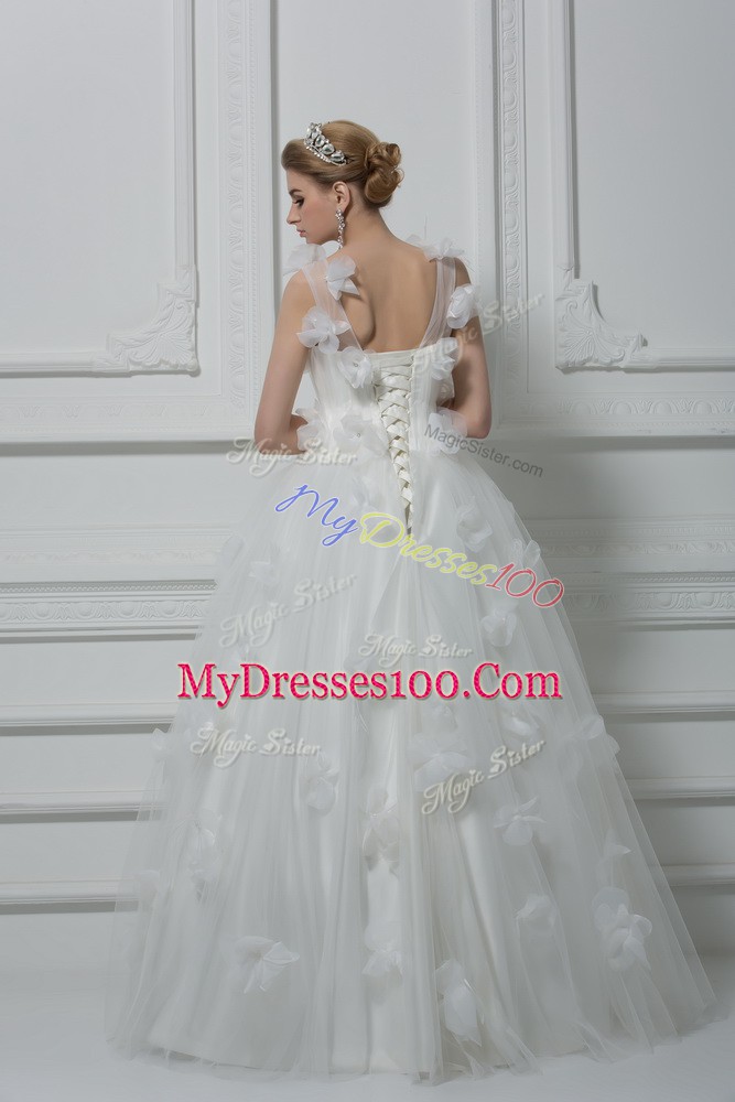 Floor Length White Wedding Dress Tulle Sleeveless Hand Made Flower