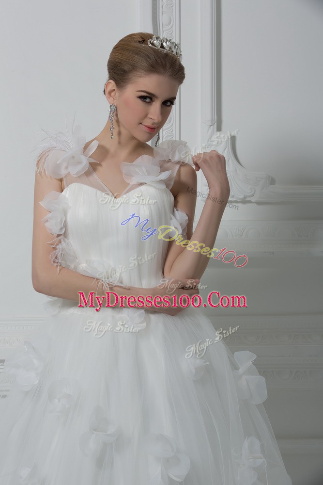 Floor Length White Wedding Dress Tulle Sleeveless Hand Made Flower