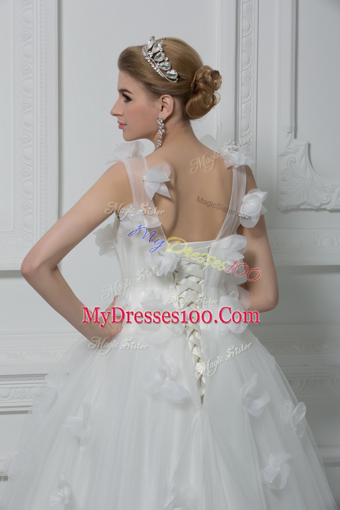 Floor Length White Wedding Dress Tulle Sleeveless Hand Made Flower