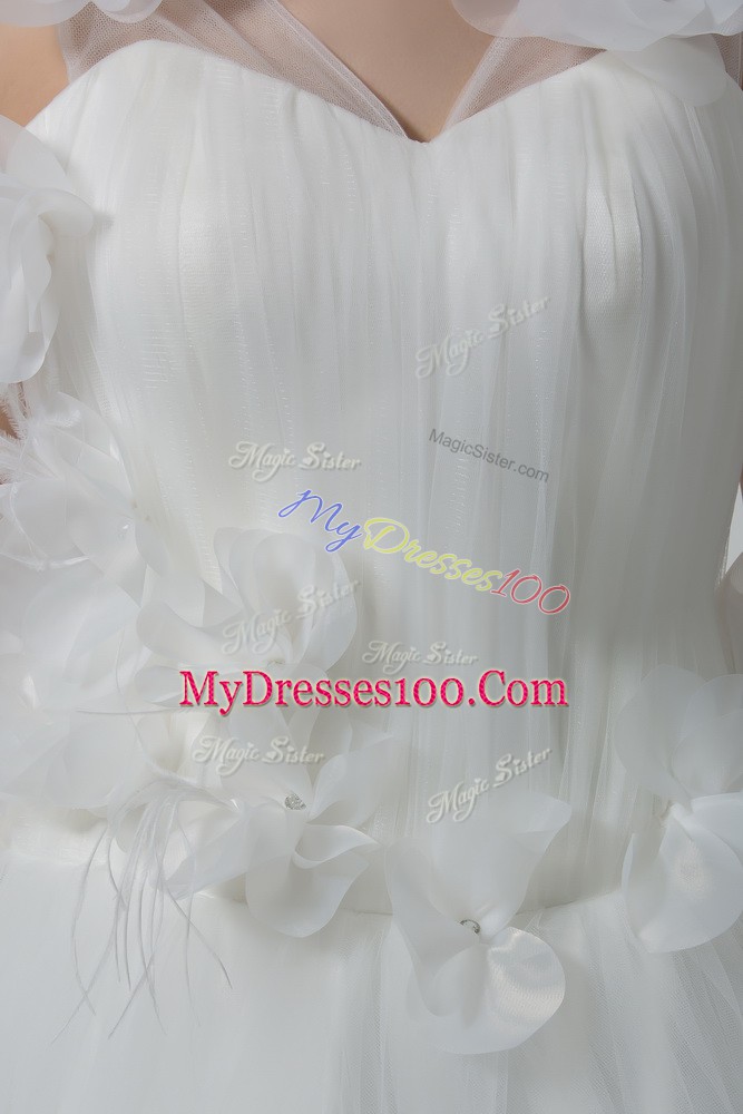 Floor Length White Wedding Dress Tulle Sleeveless Hand Made Flower